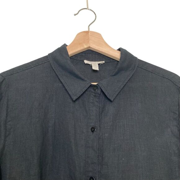 Eileen Fisher Organic Linen Oversized Button Down Shirt LP Asymmetrical Hem BLK - Picture 5 of 12